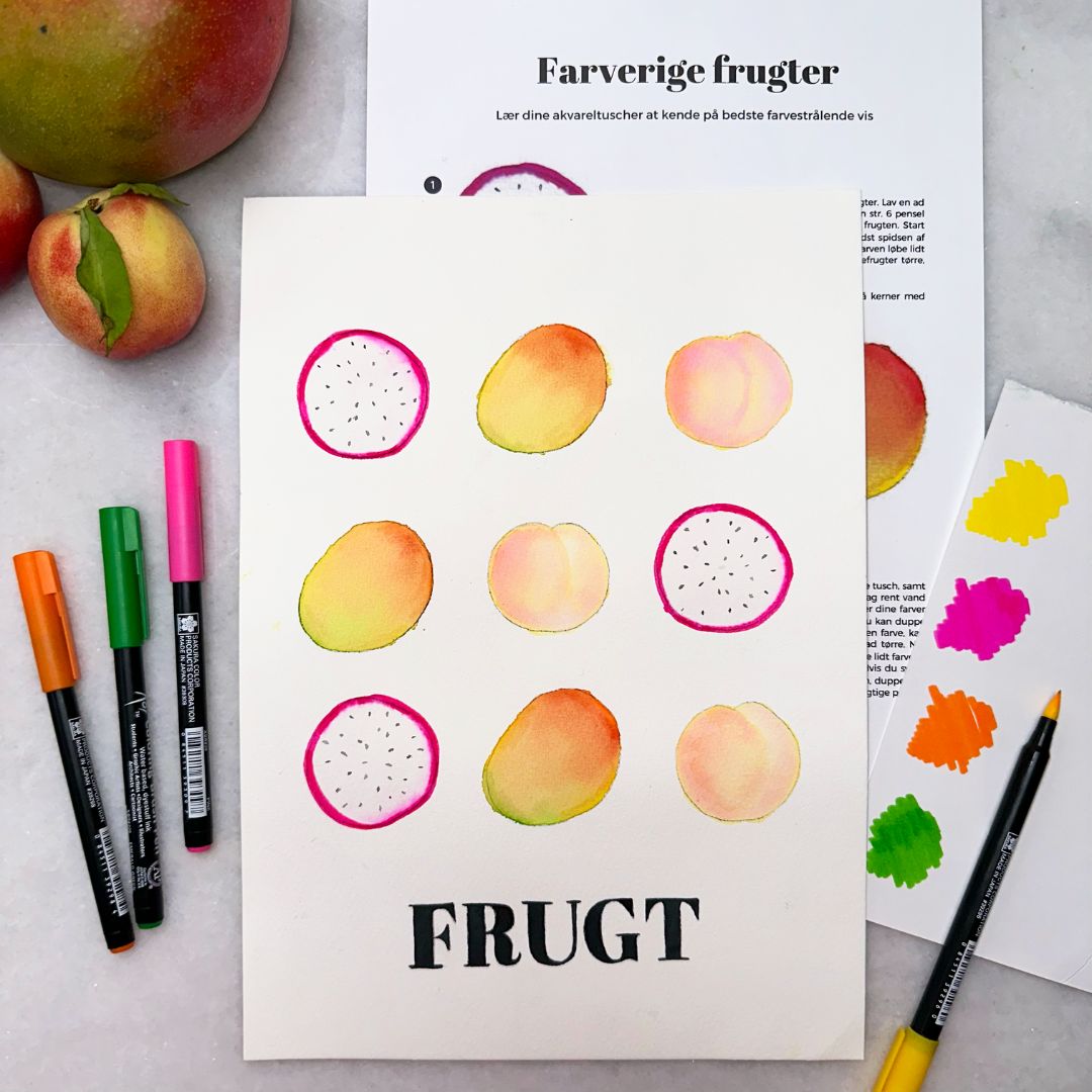 mal en plakat med små tropiske frugte med akvareltuscher