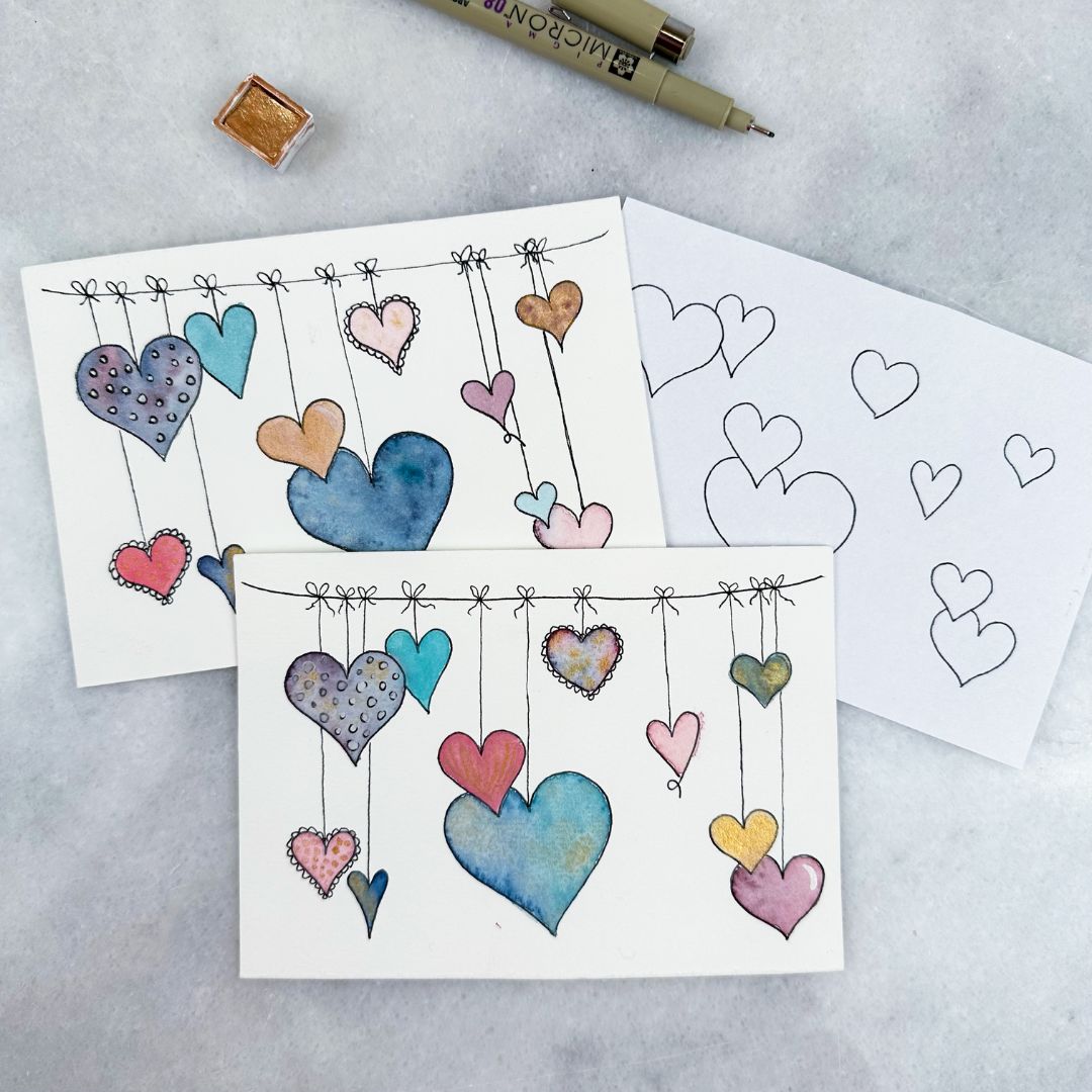 mal dine egne kort med den kærlige kort boks akvarel hjerter på snor