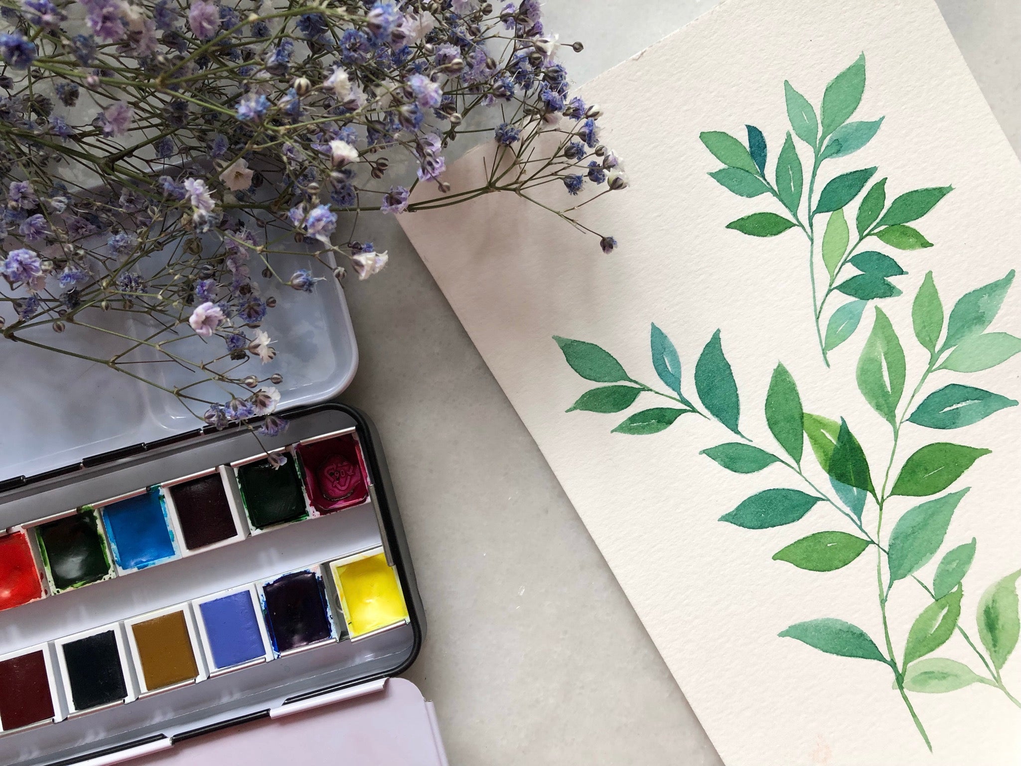 akvarel half pans hos selvtid lær at mal blade intro boks 1 til nybegyndere