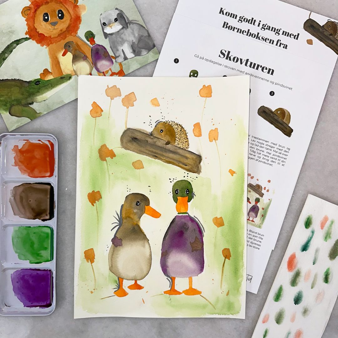 mal en tur i skoven med akvarelmaling ænder og pindsvin