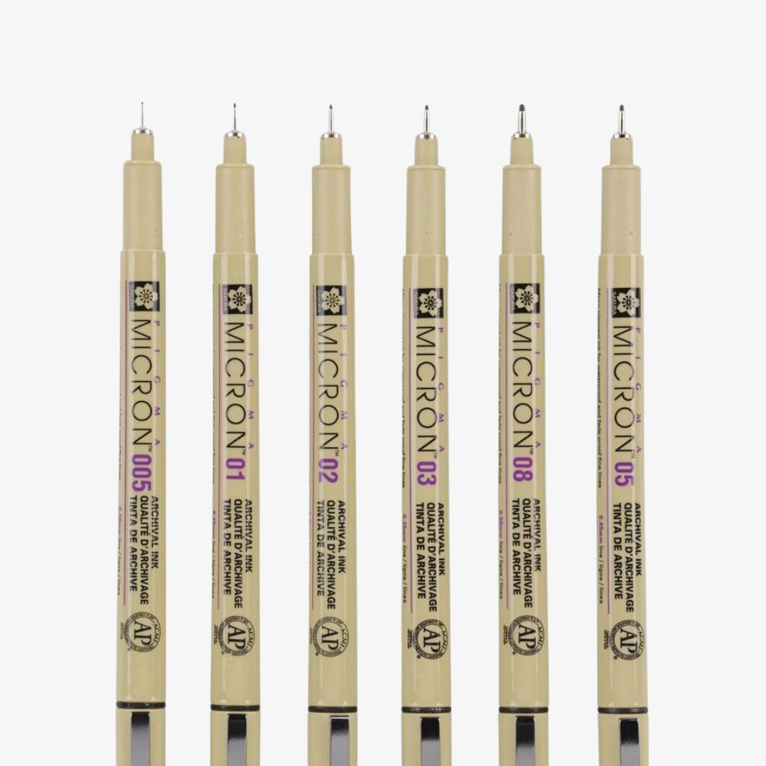 6 tykkelse sorte fineliners, Sakura Pigma Micron