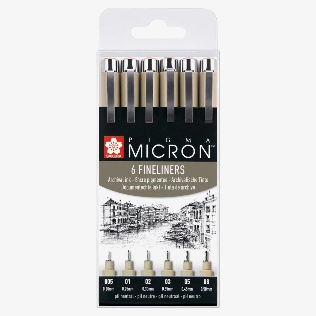 6 tykkelse sorte fineliners, Sakura Pigma Micron