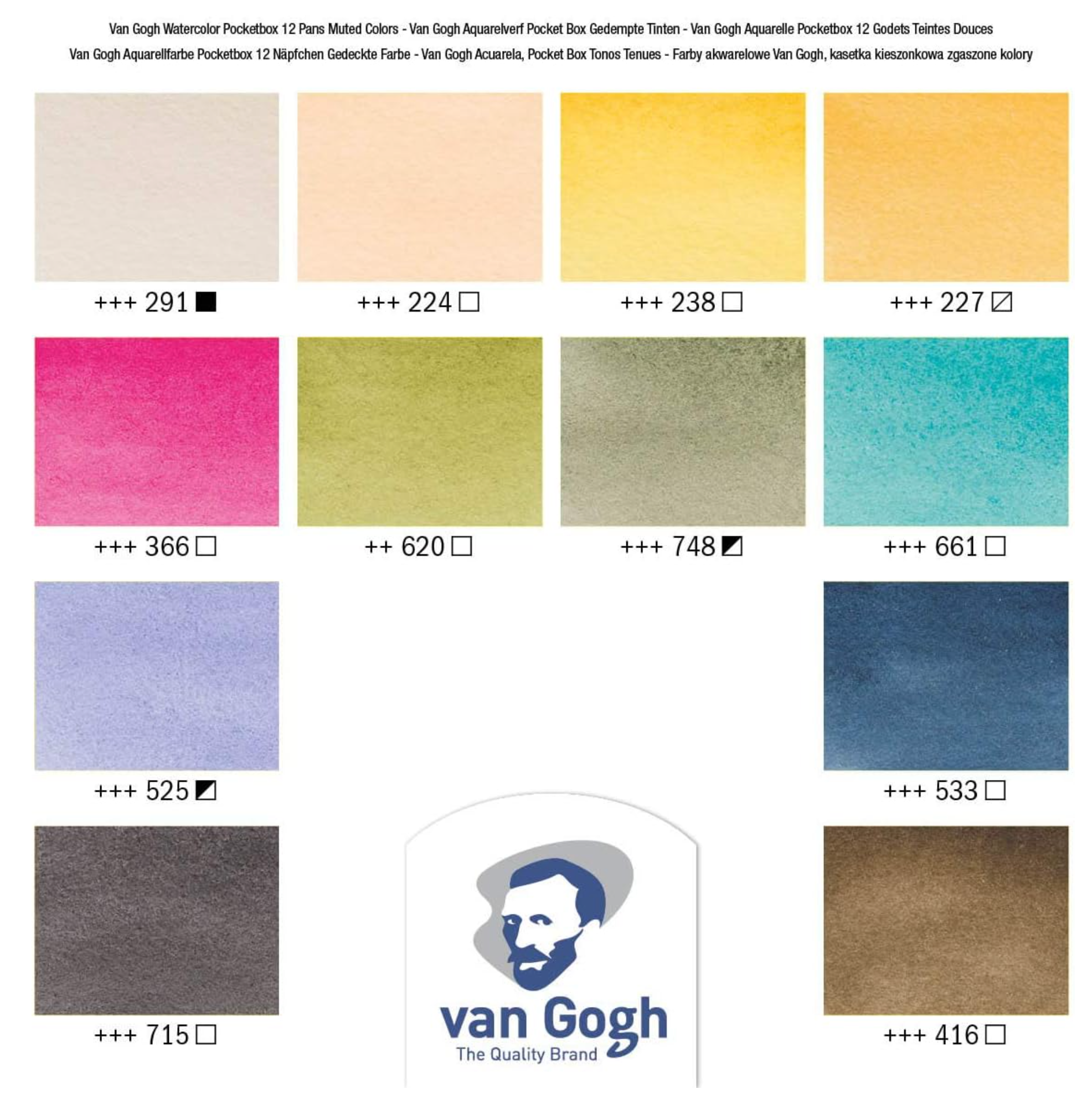 12 muted akvarelfarver + rejsepensel, Van Gogh