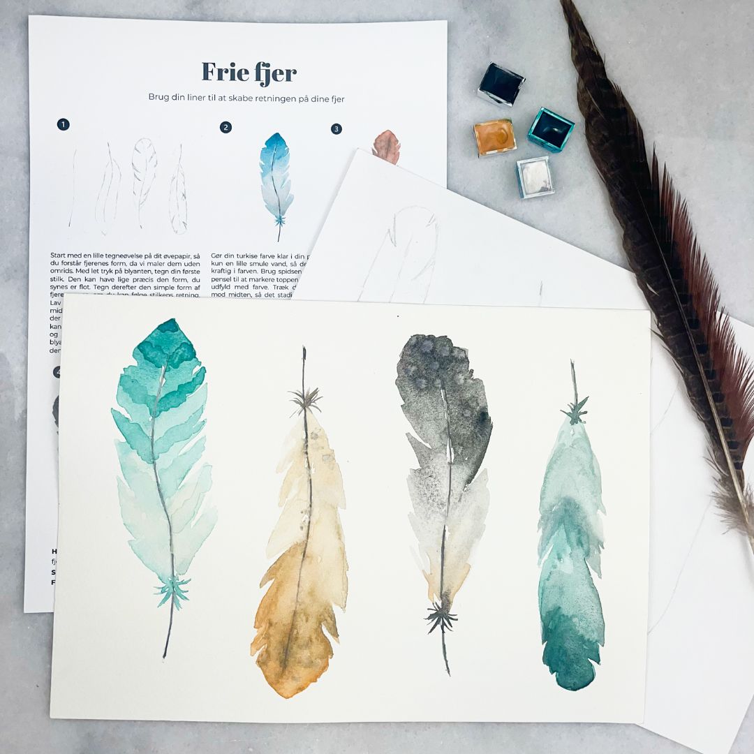 mal dine egne fjer med forskellige teknikker i akvarelmaling