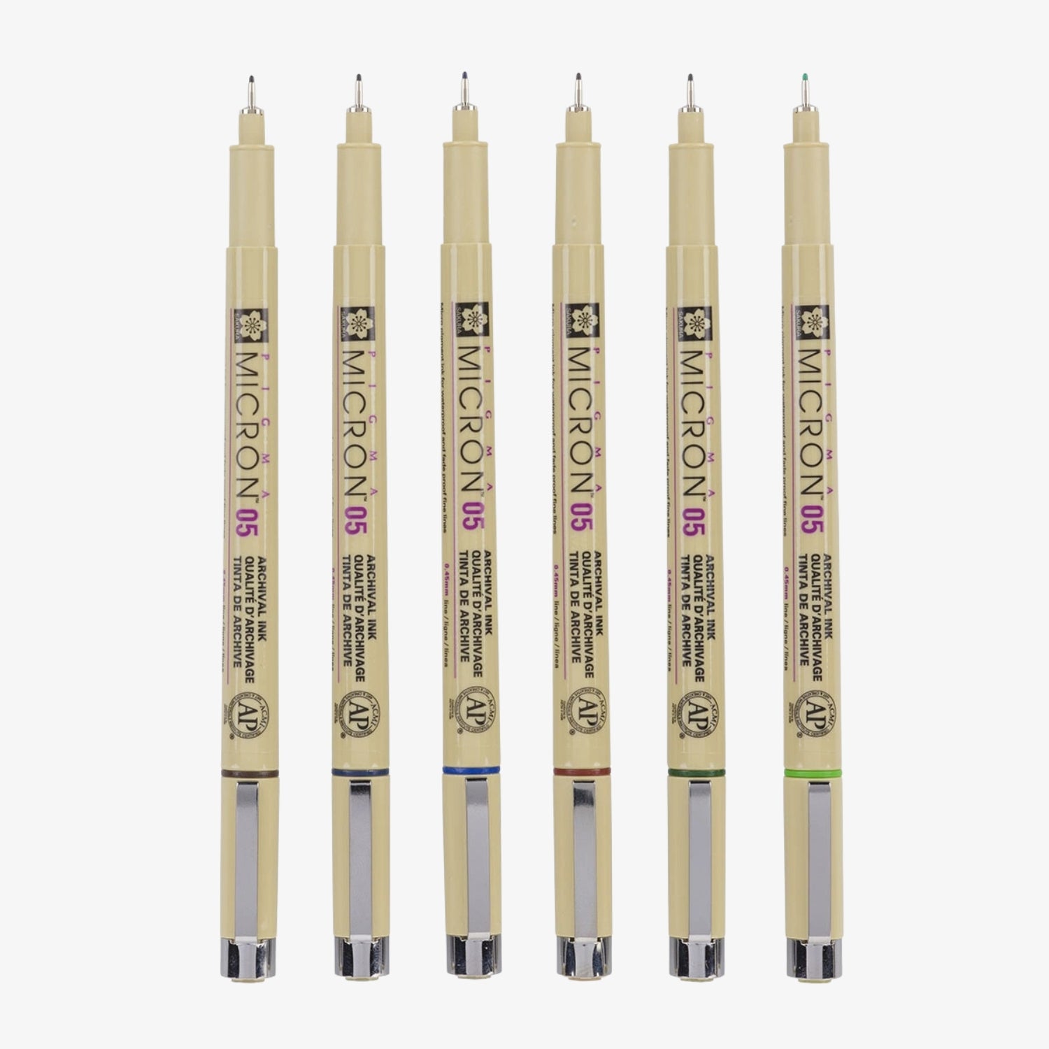 6 jordfarvede fineliners Pigma Micron 05 0,45 mm. Sakura
