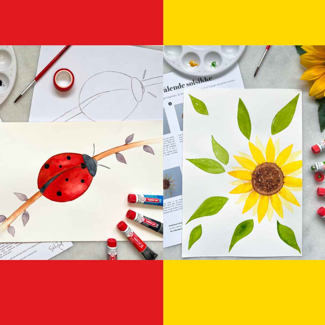 fælles maleboks lær at male med akvarel mariehøne og solsikke kombineret