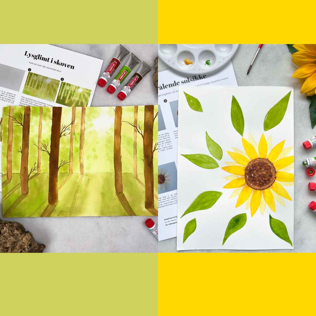 fælles maleboks lær at male med akvarel lysglimt i skoven og solsikke kombineret