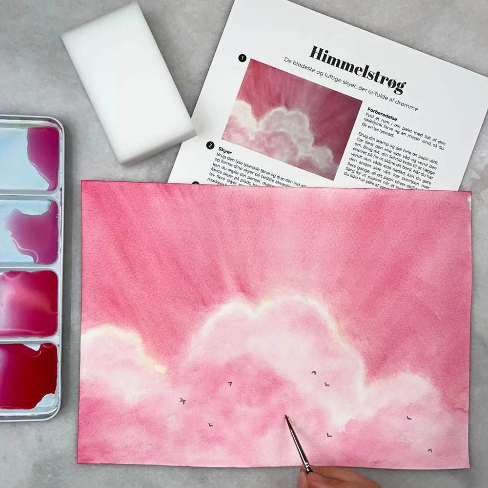 lær at male smukke skyer med akvarelmaling i juni boksen fra selvtid
