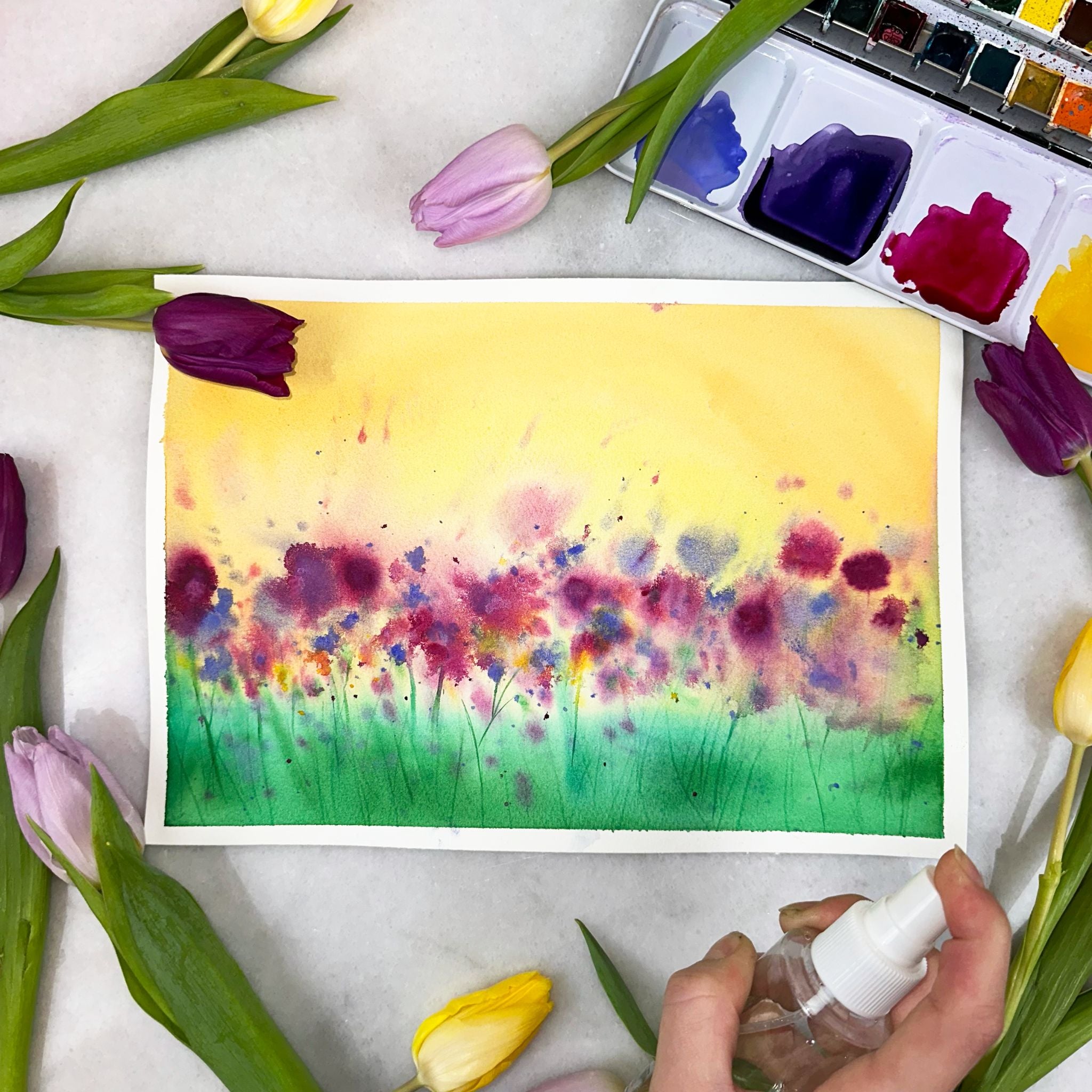 lær at male abstrakte malerier i akvarelmaling den abstrakte boks blomstermark med sprayflaske