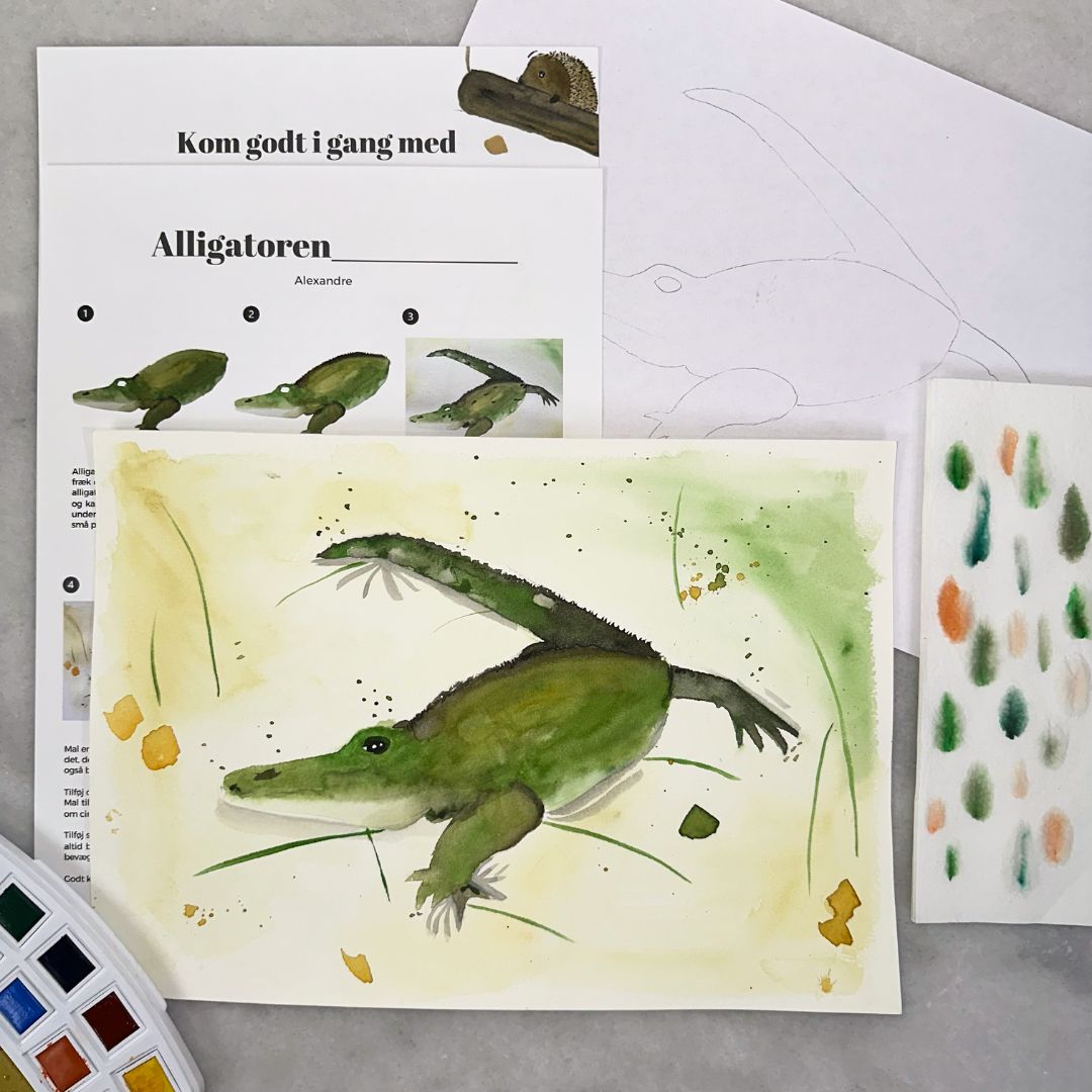 mal en alligator i akvarelmaling til børneværelse et lille atelier