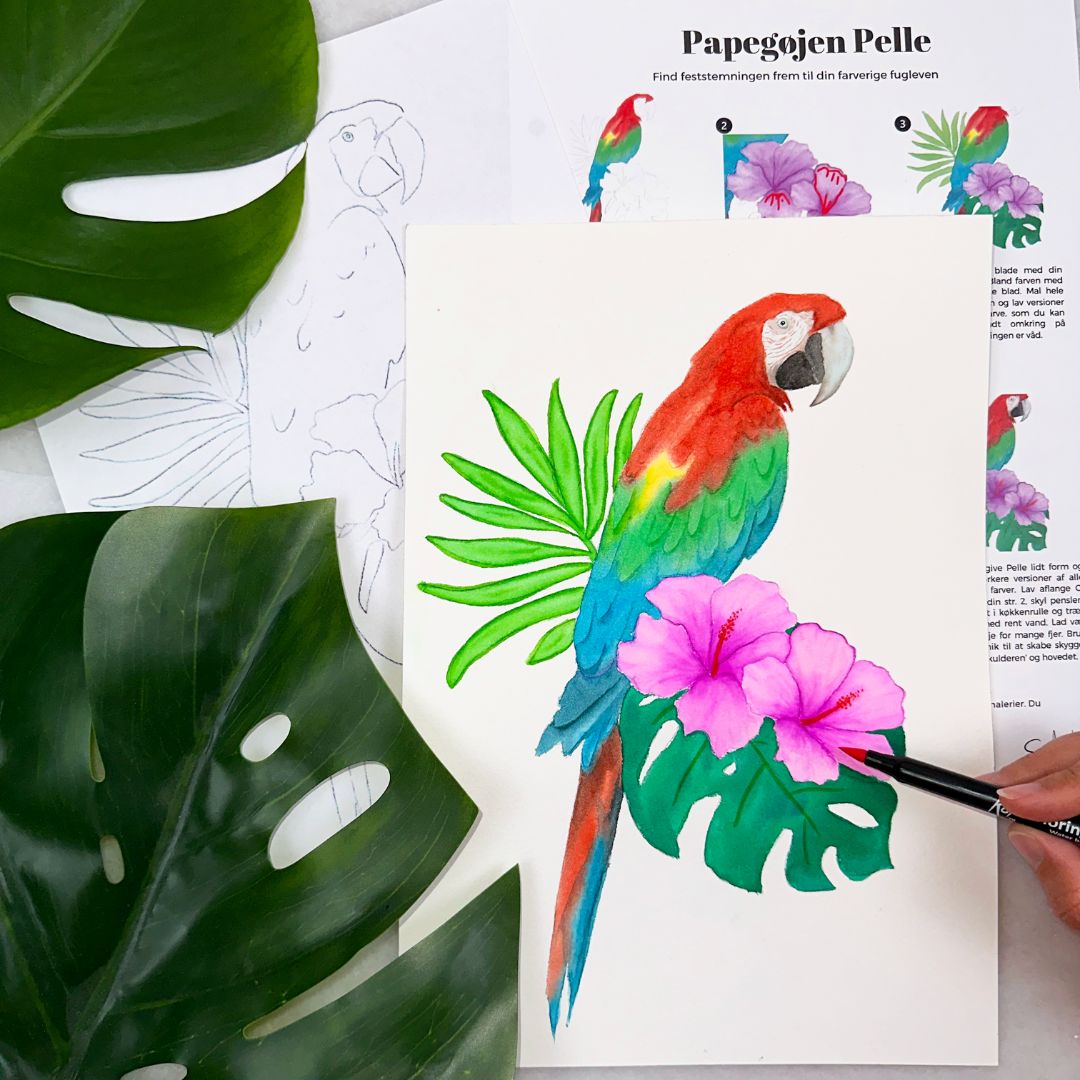 mal en ara papegøje i tropiske omgivelser med akvarelmaling