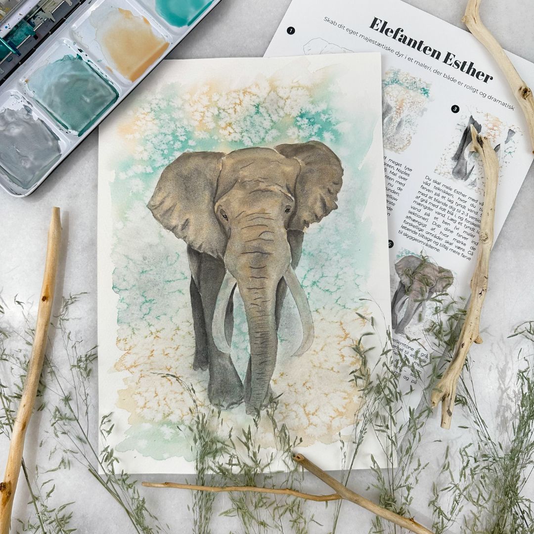 mal en realistisk elefant på savannen med akvarelmaling og få en unik baggrund ved hjælp af salt teknikken