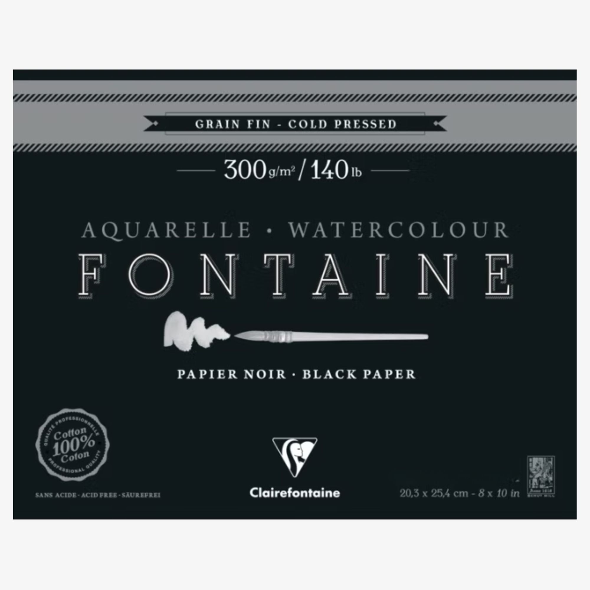 2 ark sort akvarelpapir, 20,3 x 25,4 cm, 100% bomuld, Clairefontaine