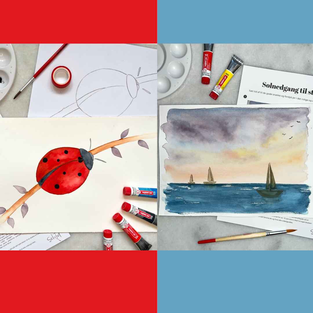 fælles maleboks lær at male med akvarel mariehøne og sejlads kombineret