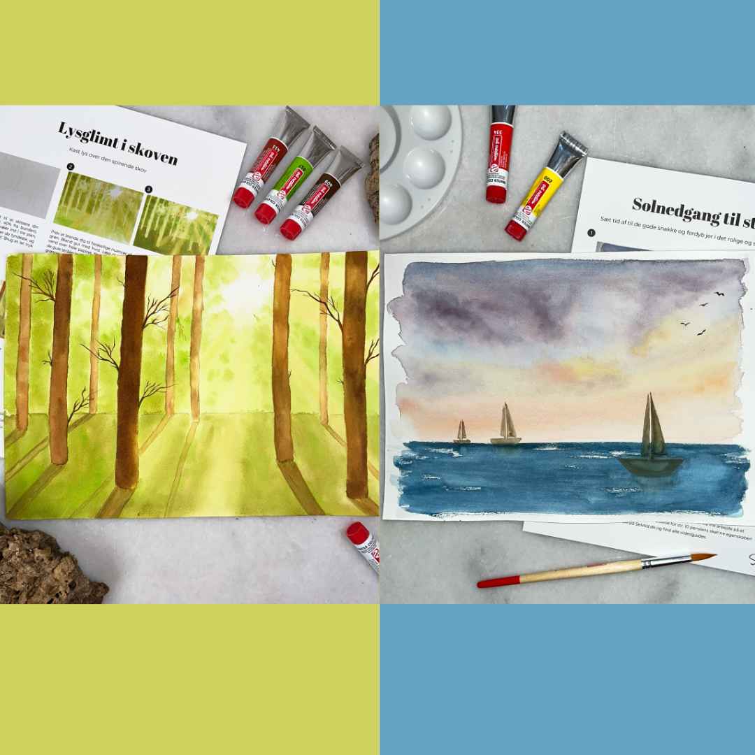 fælles maleboks lær at male med akvarel sejlads og lysglimt i skoven kombineret
