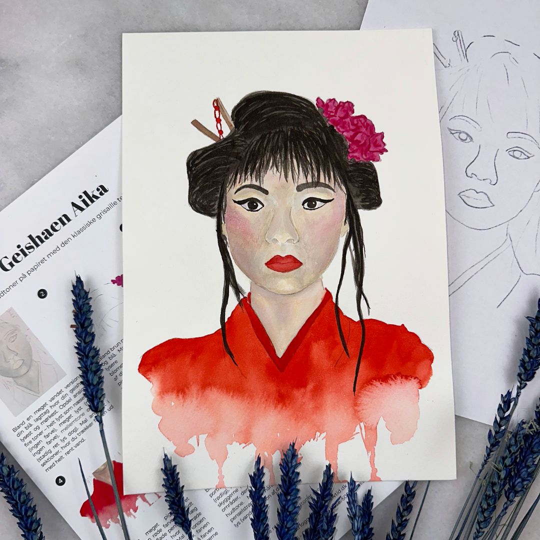 lær at male en geisha i akvarel med japan boksen selvtid marts 2023