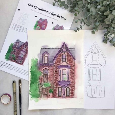 mal et abstrakt byhus med akvarelmaling og fineliner